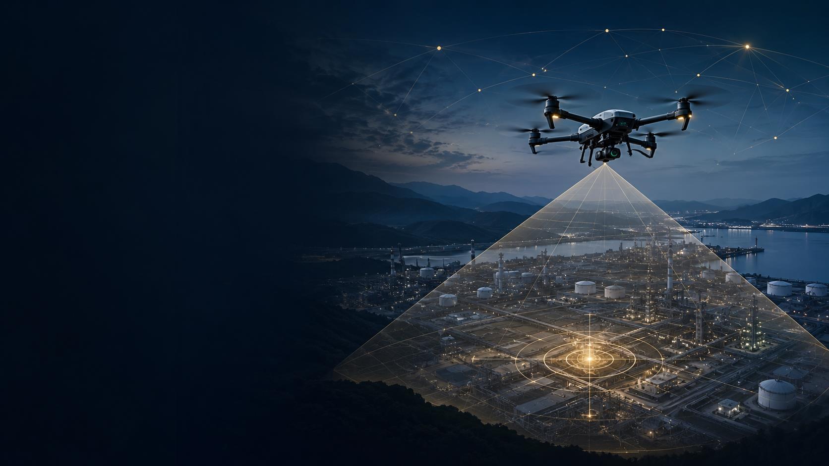 A drone scanning an industrial site at night