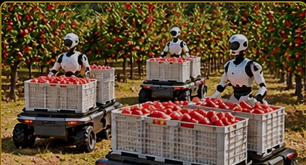 Robots loading full apple bins onto autonomous carts