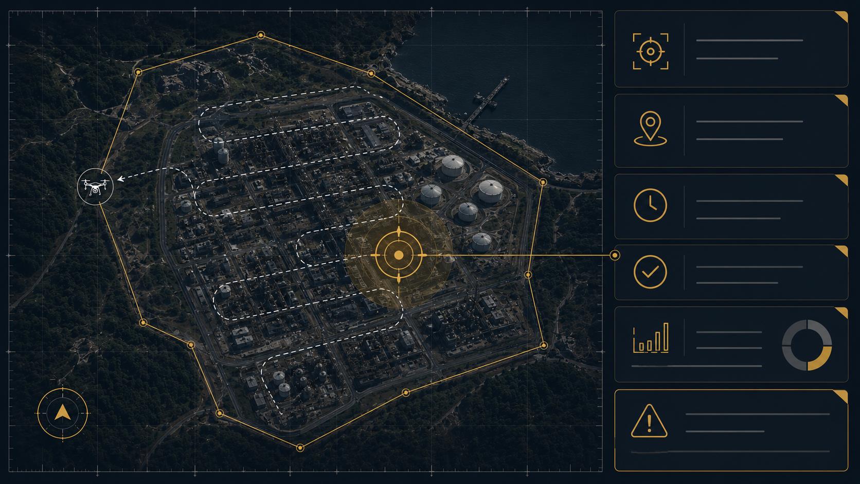 Aerial view of an industrial site with a survey boundary, drone flight lines and a detection marker
