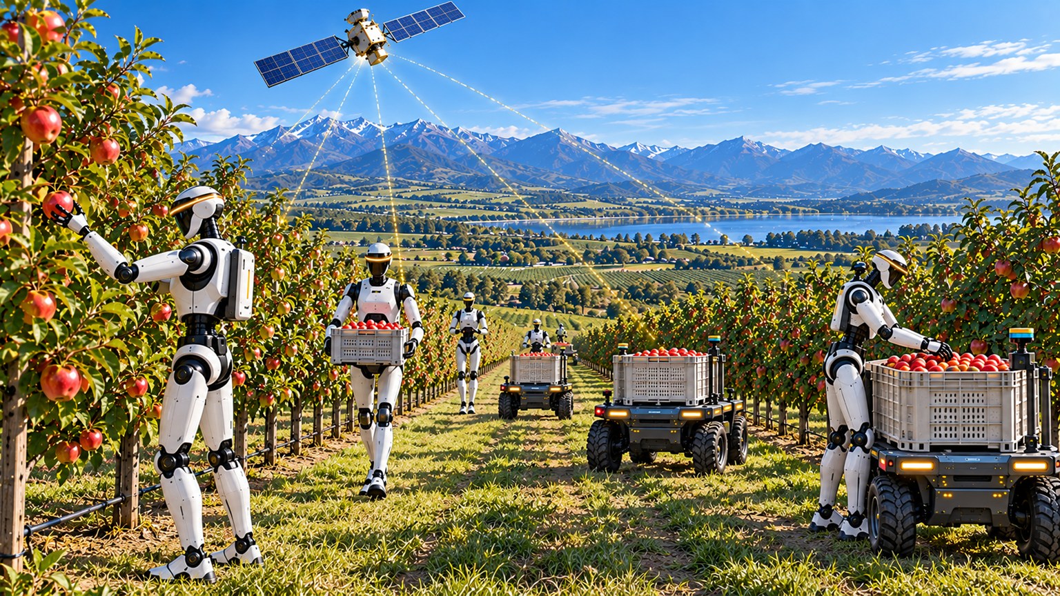 Robots harvesting apples in an orchard